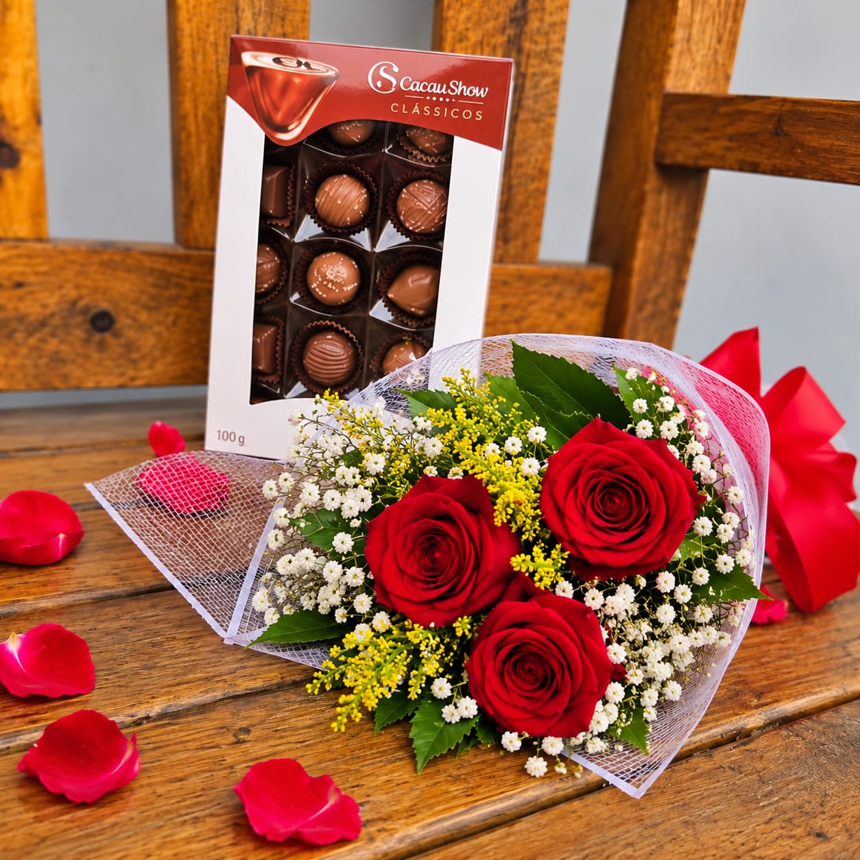 Buqu� 3 rosas Importada + Bombons Cacau Show